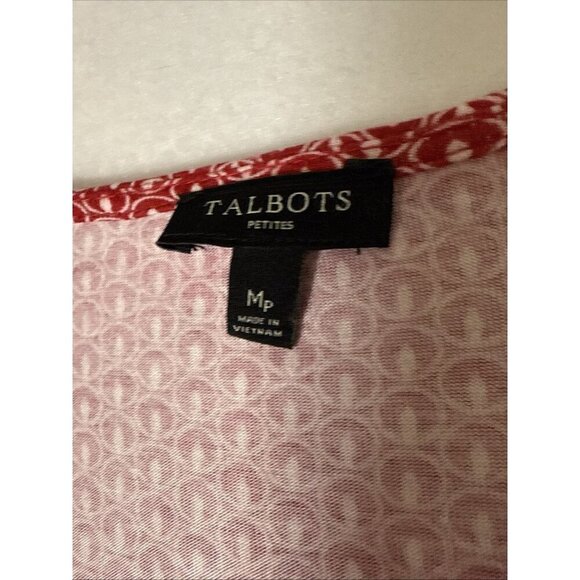 Talbots Medium ￼ Petite Top Red White Cross over Bust 3/4 Sleeve Stretch - Picture 3 of 7
